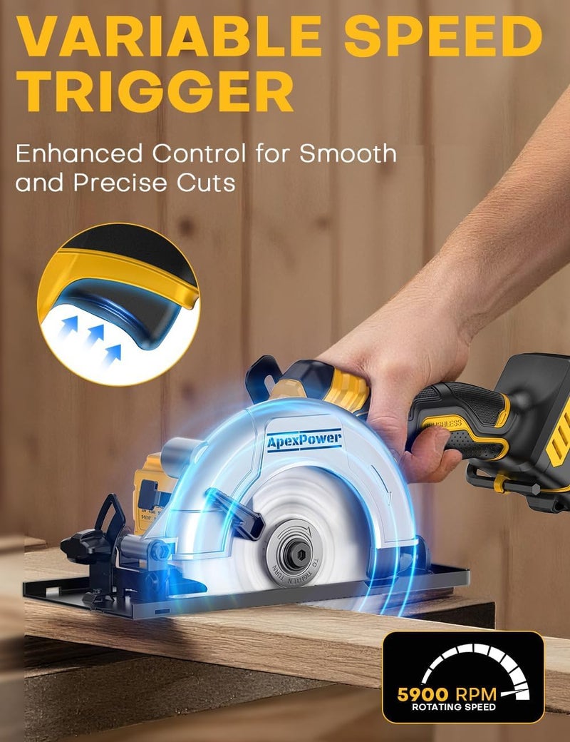 apex power Brushless Cordless Circular Saw, for DeWalt 20V Max Battery, 6-Inch Aluminum Alloy Blade, 5900 RPM, 4.2 Lbs Lightweight, Cutting Depth 2-1/20" (90°), 0-90° Bevel, Hex Wrench, Rip Guide, for Wood, PVC - Image 2